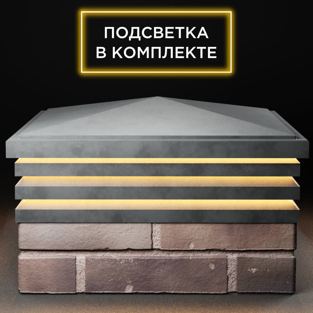 Колпак Zking Бона ХайТек Серый на столб 2х2 кирпича (513х513мм) с подсветкой Сибай фото